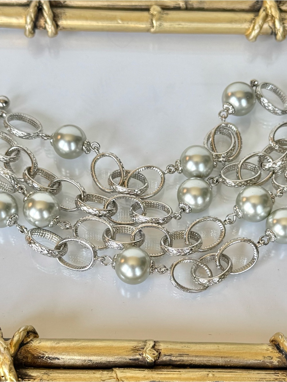 Platinum Pearl Link Multi-Strand Bracelet St Thomas Toggle Clasp Statement